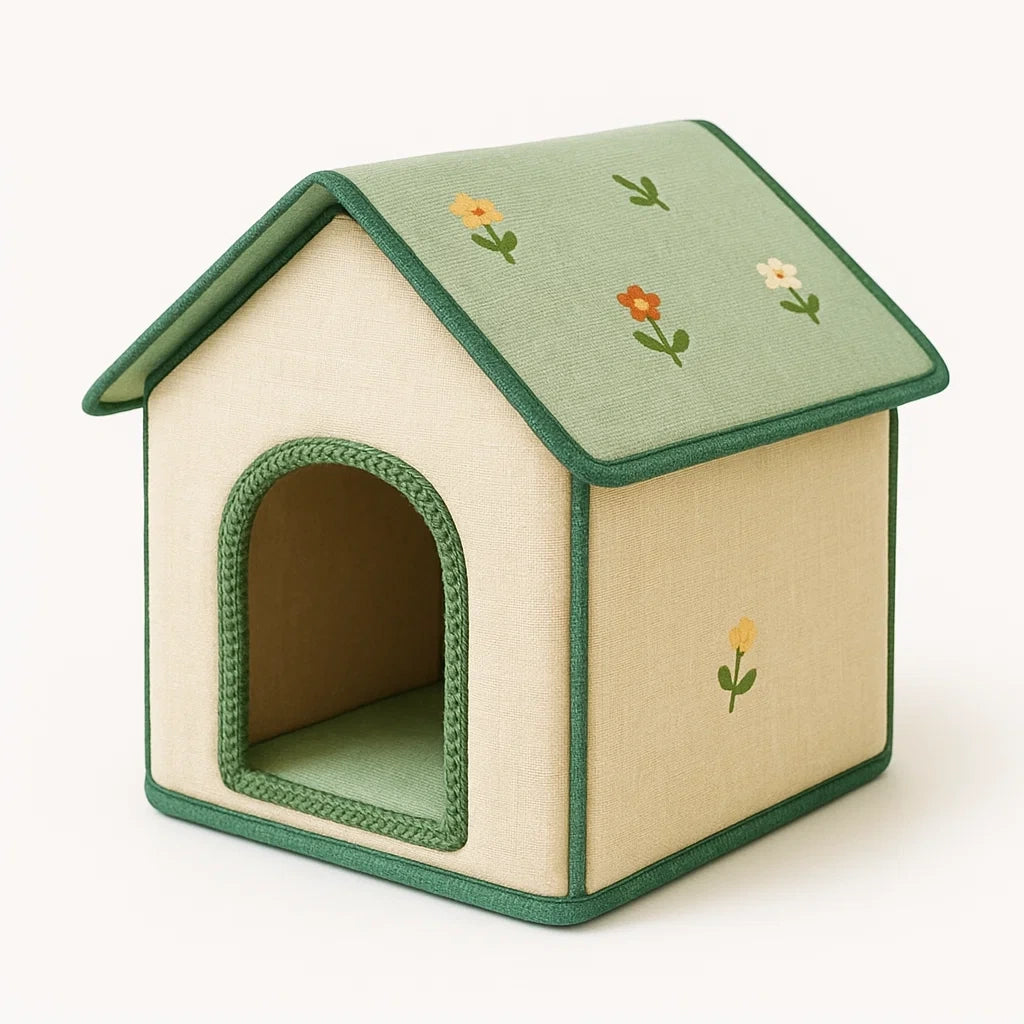 Katzenhaus Baumwollstoff Grün/Beige mit Blumenmuster
