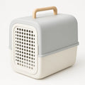 Katzen-Transportbox Kunststoff Grau/Beige mit Holzgriff