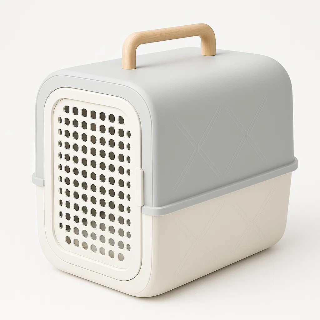 Katzen-Transportbox Kunststoff Grau/Beige mit Holzgriff