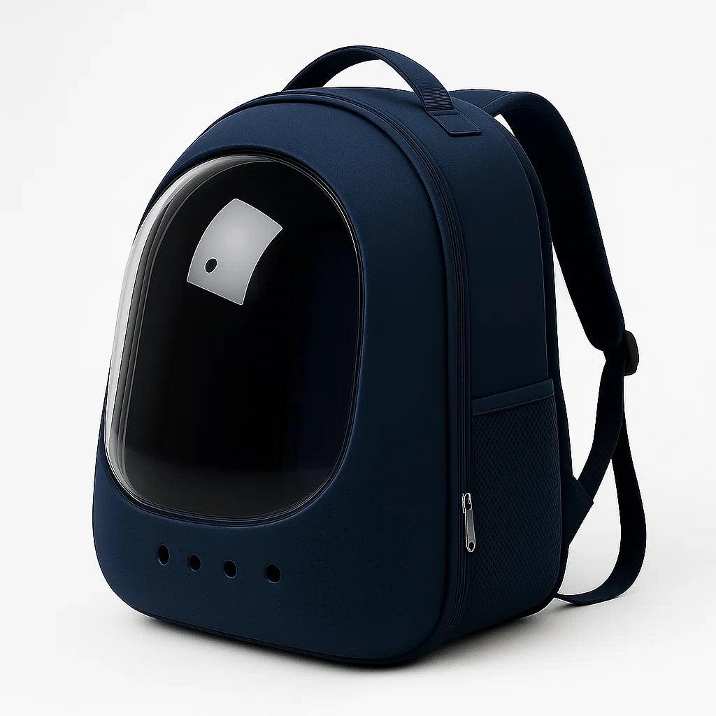 Haustier-Rucksack aus Polyester Blau mit Acrylfenster 42x32x29cm