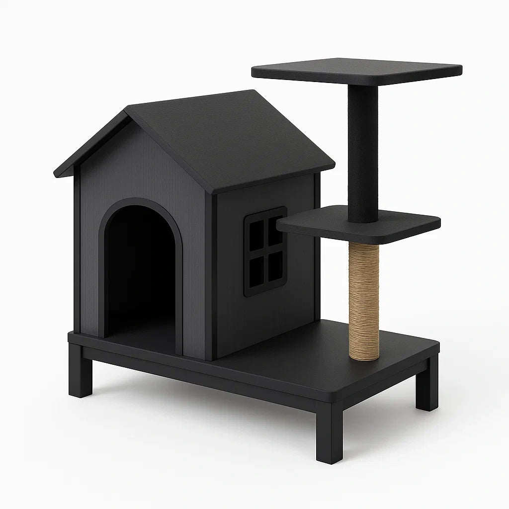 Katzenhaus Kratzbaum Schwarz MDF Holz und Sisal
