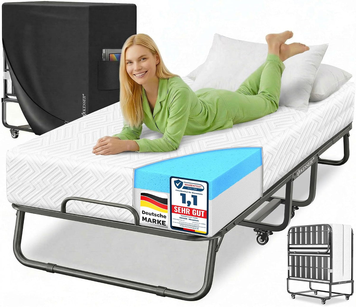 KESSER Matratze, 200 × 90 cm, 250 kg, aus Metall und Stoff, klappbar, Weiß/Schwarz/Blau