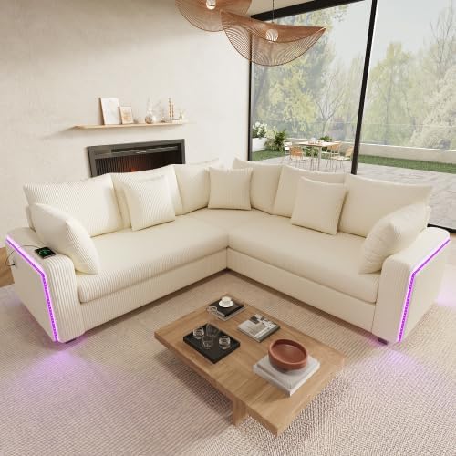 Sofa Ecksofa L, 198 × 198 × 83 cm, mit LED, mit USB, für das Wohnzimmer, Beige, STAPERFO