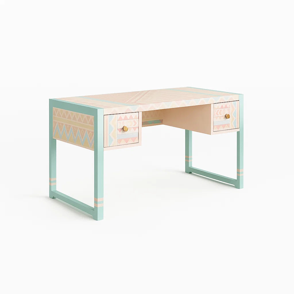 Holzschreibtisch mit Pastellgrün und Rosa Design