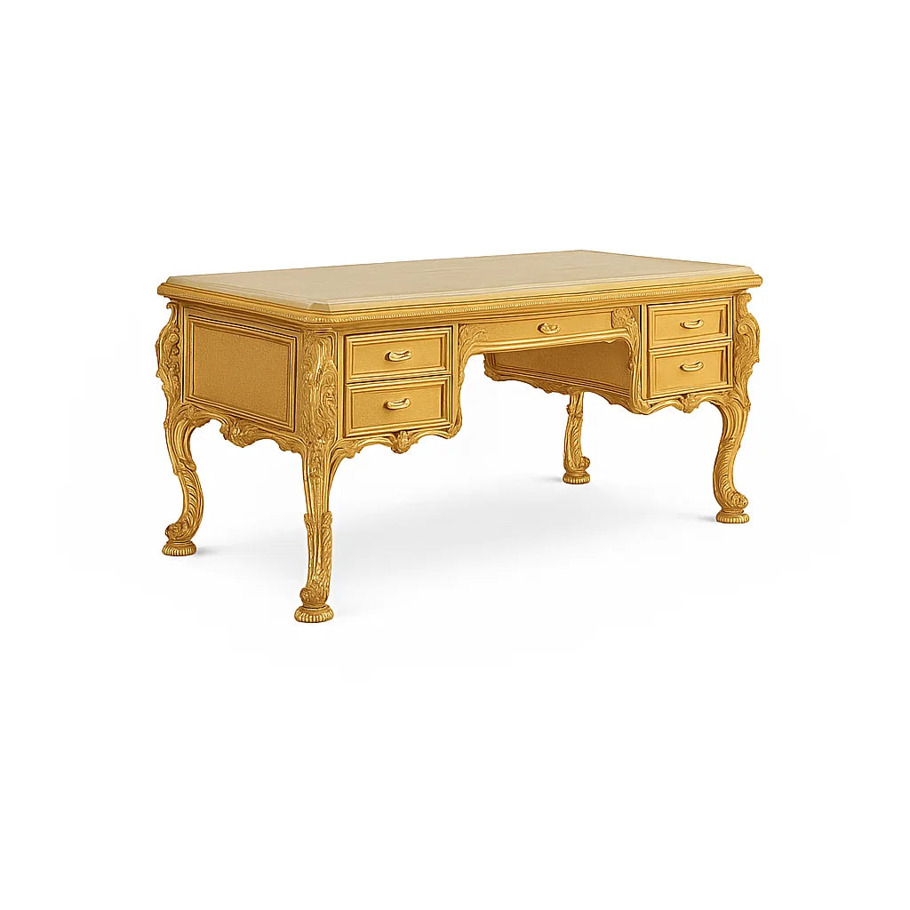 Holztisch Gold mit Verzierungen und Schubladen