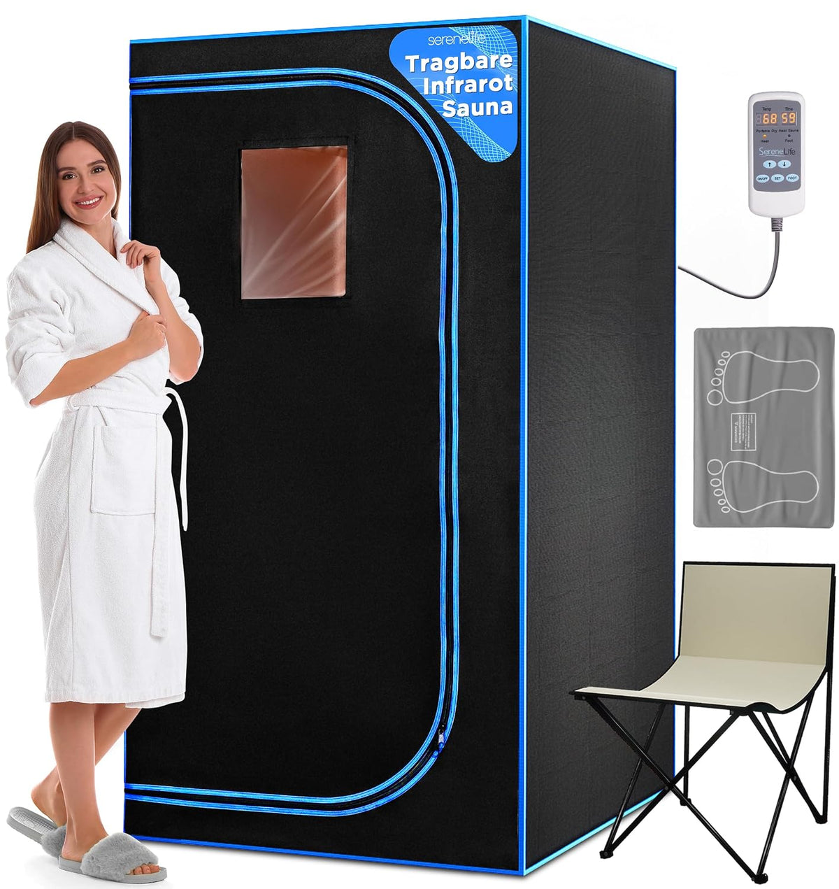 SereneLife Sauna, 80 × 80 × 180 cm, 60 °C, klappbar, mit Fernbedienung, Schwarz/Blau
