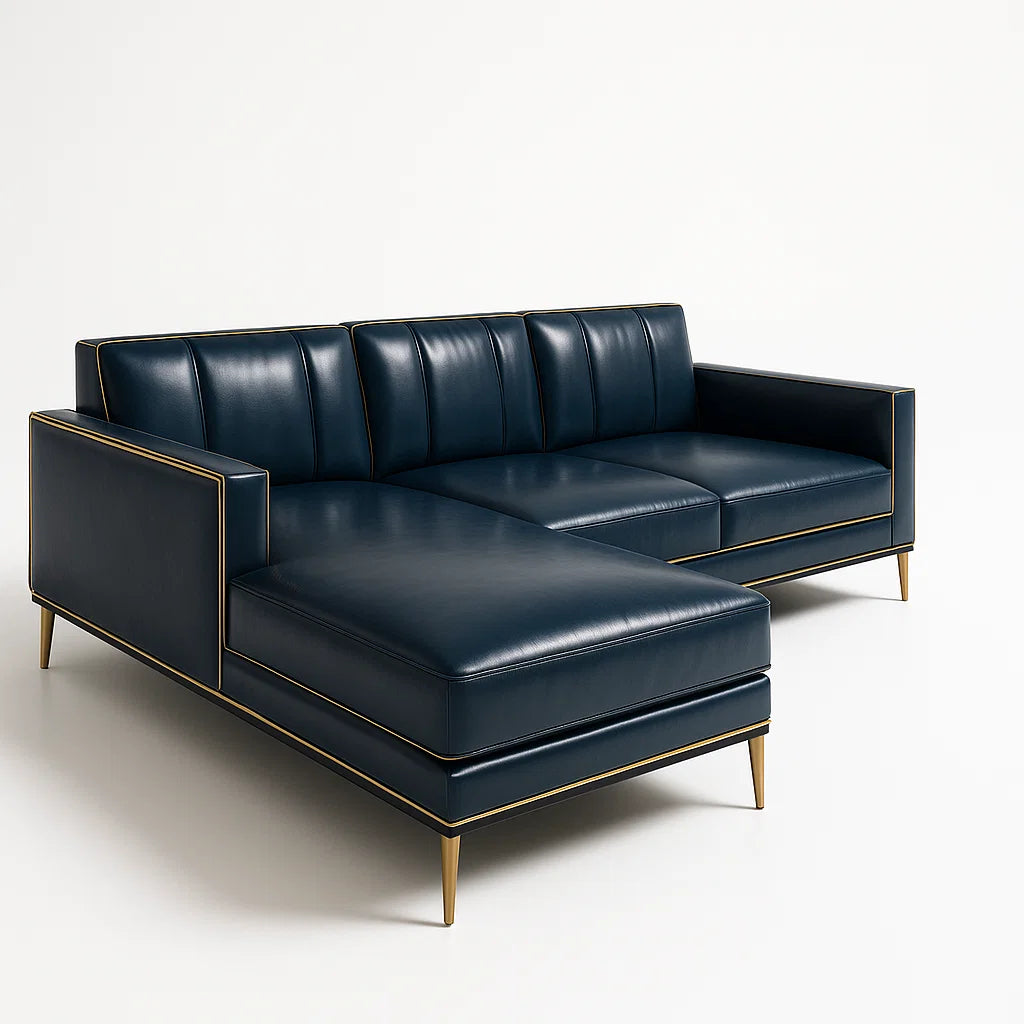 Ledersofa mit Chaiselongue Dunkelblau