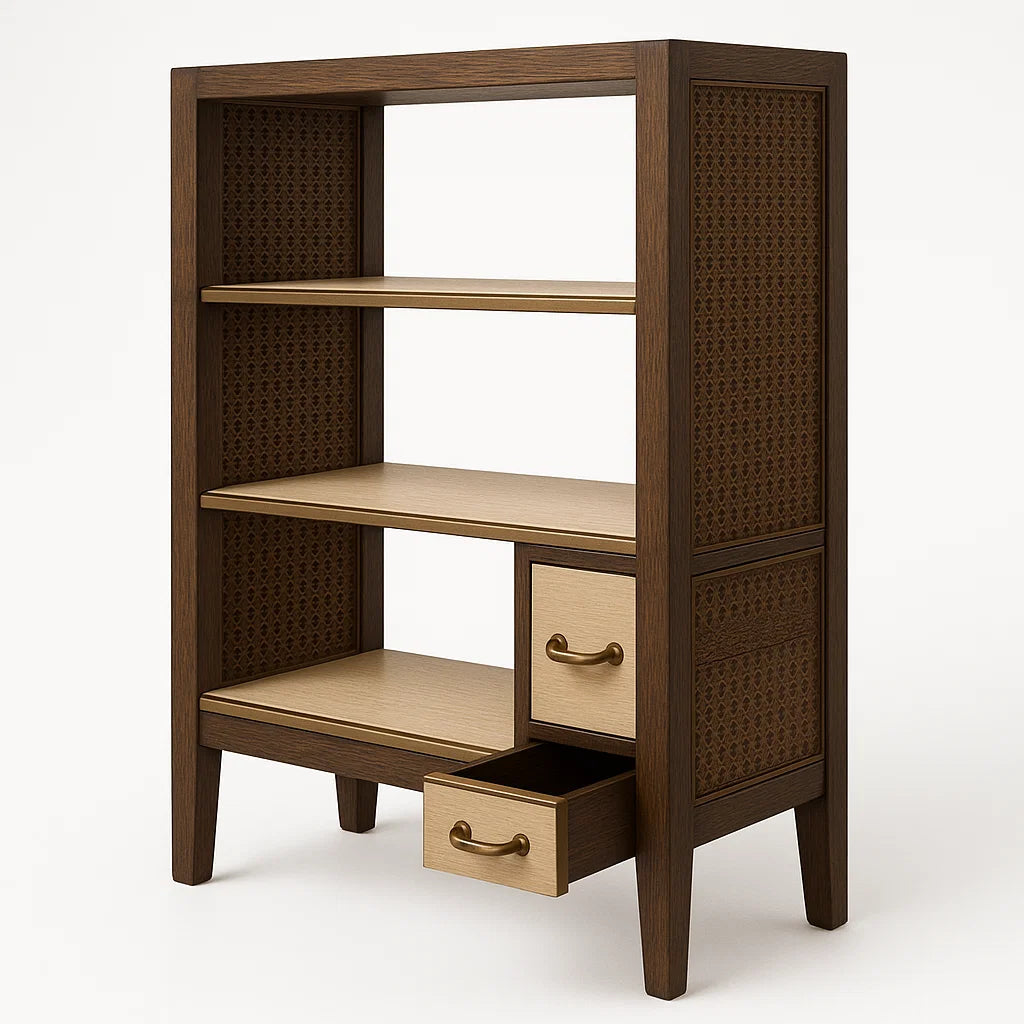 Holzregal mit Schubladen und Naturfaser Dunkelbraun/Beige 120cm
