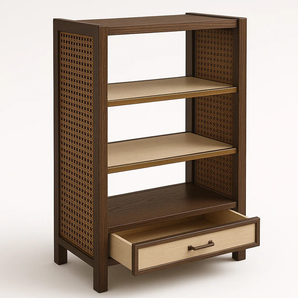 Holzregal mit Rattan und Schublade Dunkelbraun 90x60x40cm