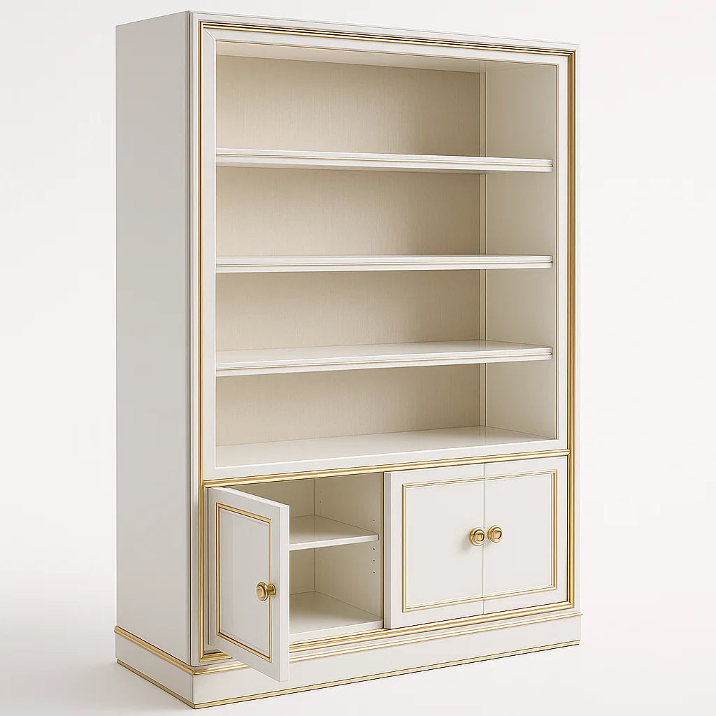 Bücherregal aus MDF Weiß mit Goldverzierungen 4 Regalböden 2 Türen