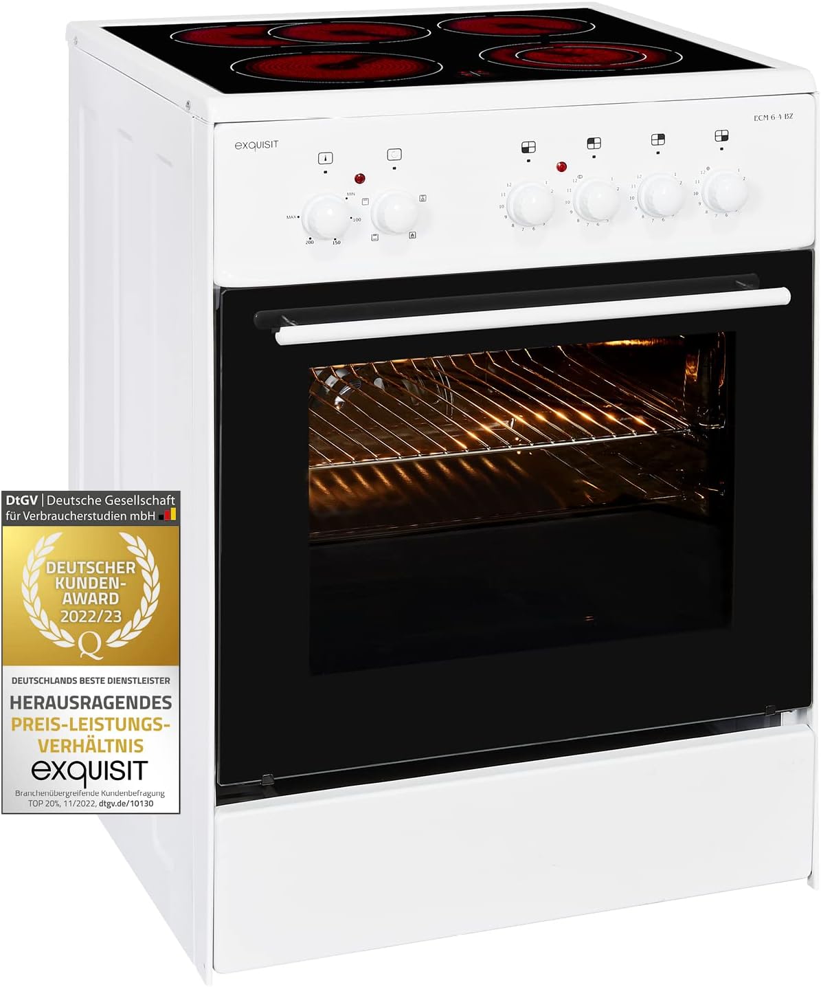 Exquisit Standherd ECM 6 Kochfeld, 61 L, 60 cm, Weiß/Schwarz, aus Glas und Keramik