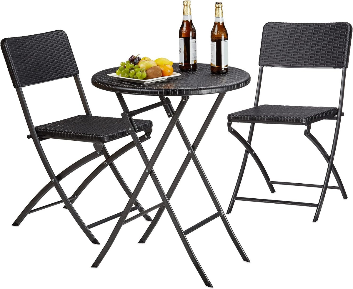 Gartenmöbel-Set, 75,5 × 60 × 60 cm, aus Polyrattan, klappbar, für den Garten, Schwarz, Relaxdays