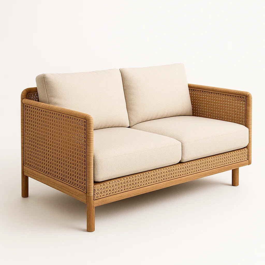 Holz Rattan Zweisitzer-Sofa Beige