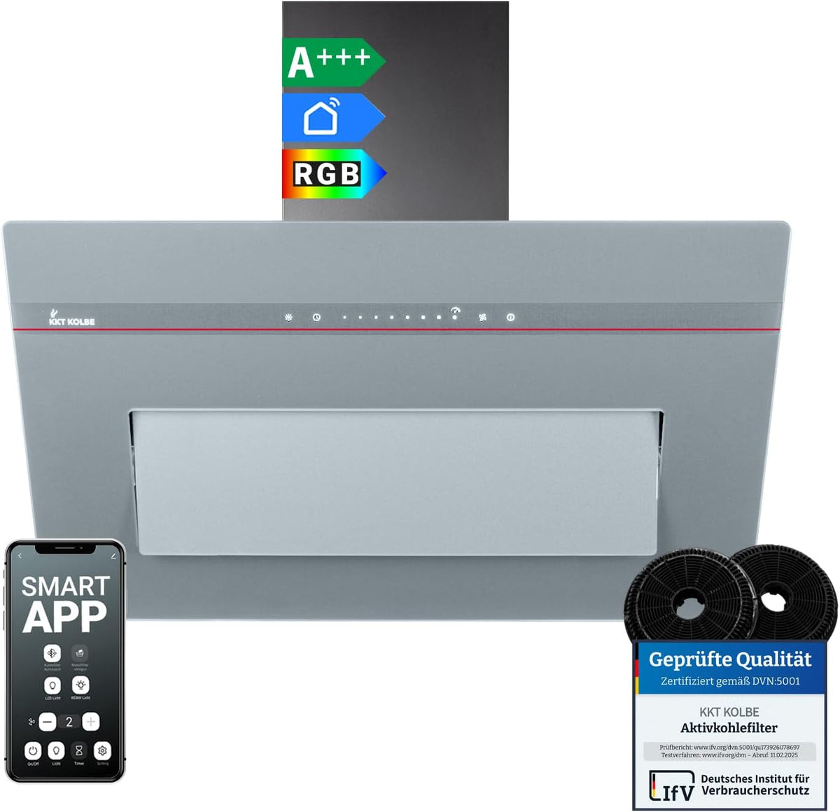 KKT KOLBE PLOOM8005G Dunstabzugshaube, 80 cm, mit LED, mit WLAN, aus Glas, Grau