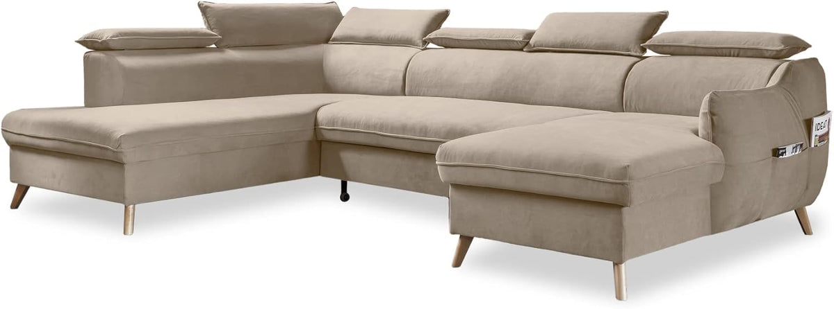 Sofa Ecksofa U, verstellbar, mit Fernbedienung, mit USB, aus Stoff, Beige, MIUFORM