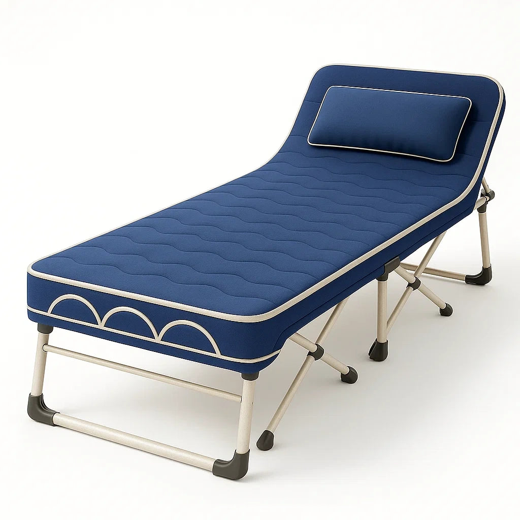 Klappbares Feldbett mit Metallrahmen und Baumwoll-Polyester-Matratze, Blau