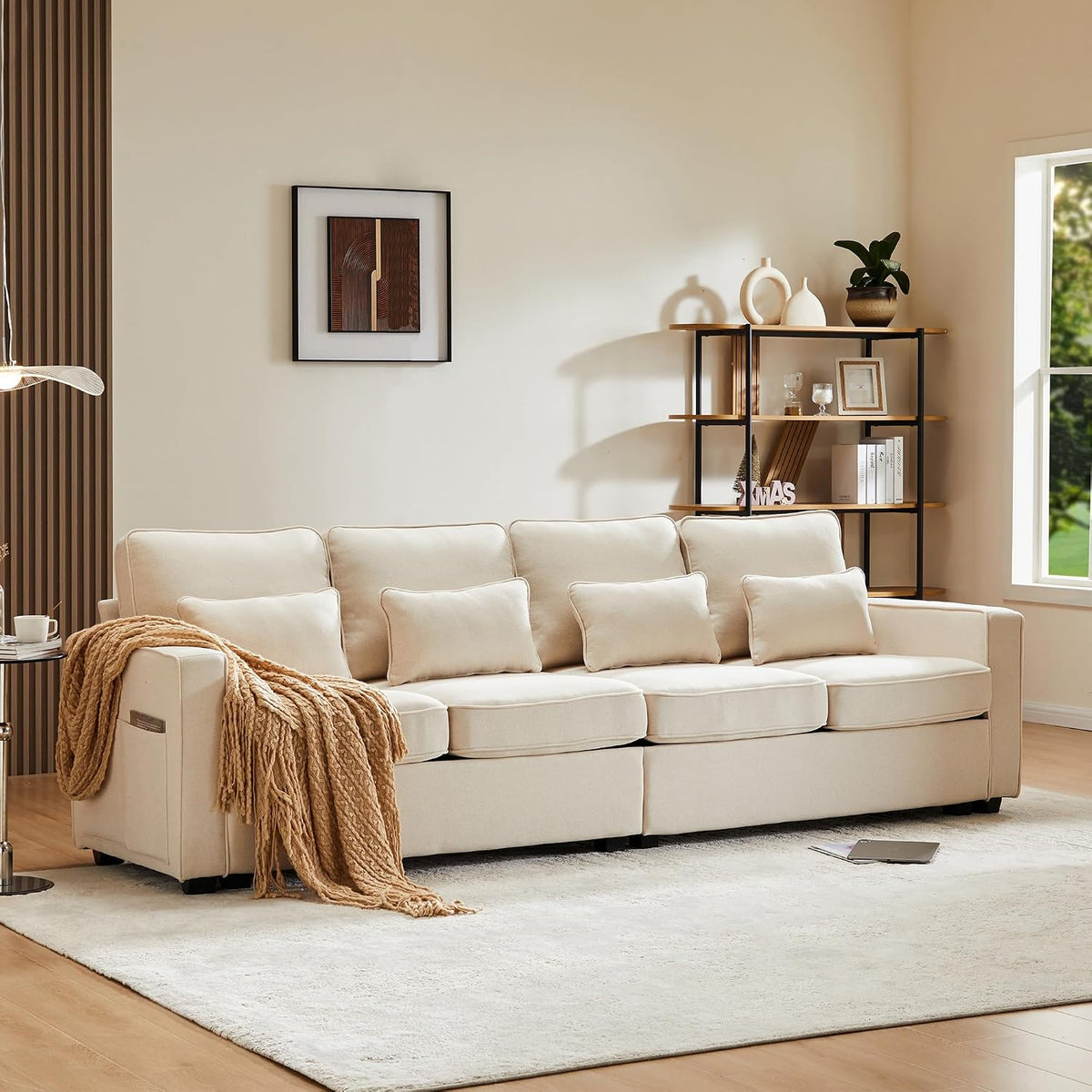 Sofa Modernes 4, aus Stoff, mit Fernbedienung, für das Wohnzimmer und das Büro, Beige, Sapgaks
