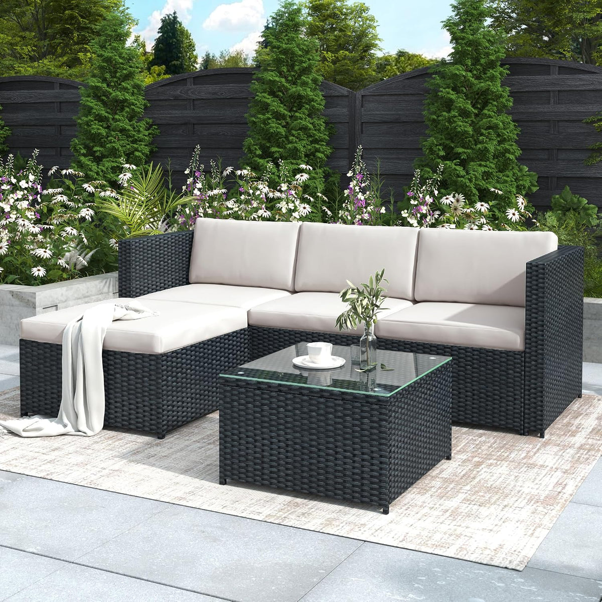 Gartenmöbel-Set, aus Polyrattan und Glas, wasserdicht, für den Garten, Schwarz/Weiß, Terahanda