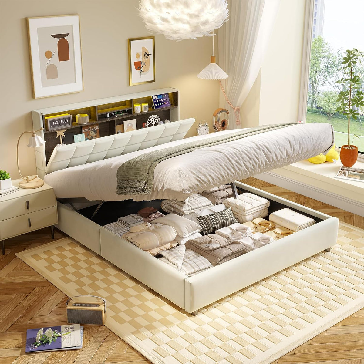 Bett, 160 × 200 cm, mit LED, mit USB, Beige, CJHXE