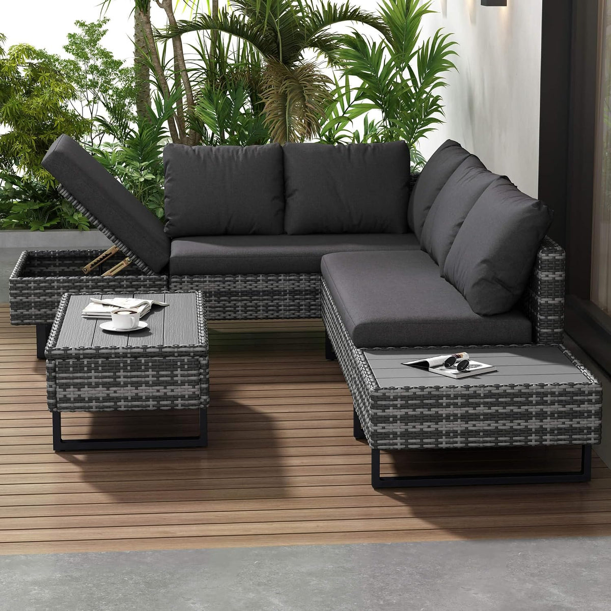 Sofa Poly, für den Garten, aus Polyrattan und Stoff, Grau, DRIXNO