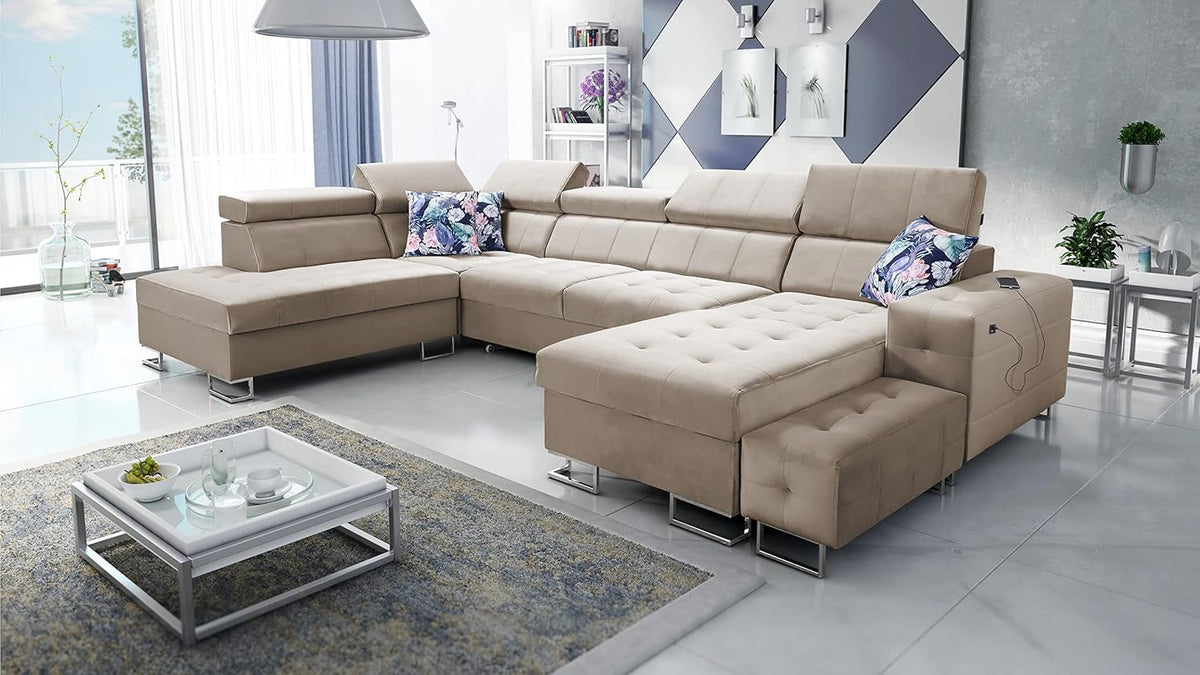 Sofa Ecksofa Hugo VI 362x223cm, 362 × 223 cm, verstellbar, Beige, All4All