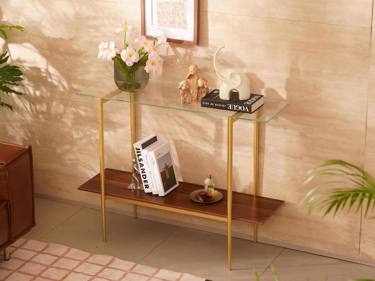 Beistelltisch, aus Glas, für das Wohnzimmer, Transparent/Gold/Braun, SHRINE