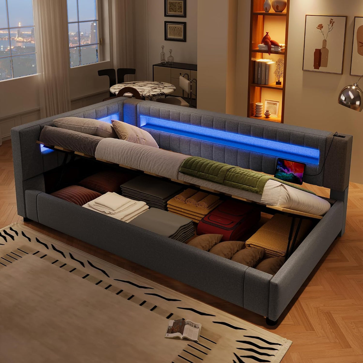 Sofa, 90 × 200 cm, mit LED, mit USB, mit Stauraum, Grau, FQMOZY