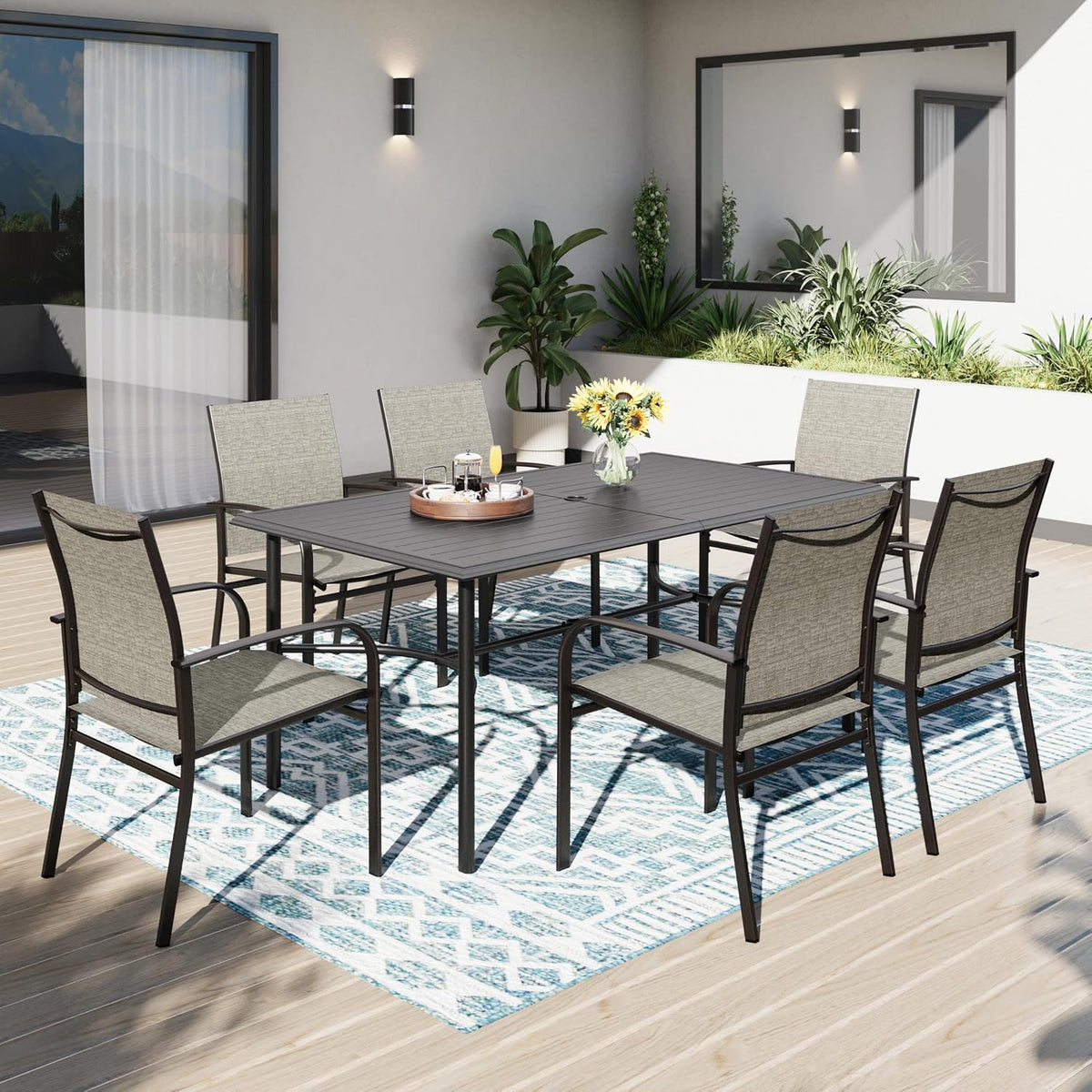Essgruppe, aus Metall und Stoff, wasserabweisend, für den Garten und die Terrasse, Braun/Schwarz, PHI VILLA