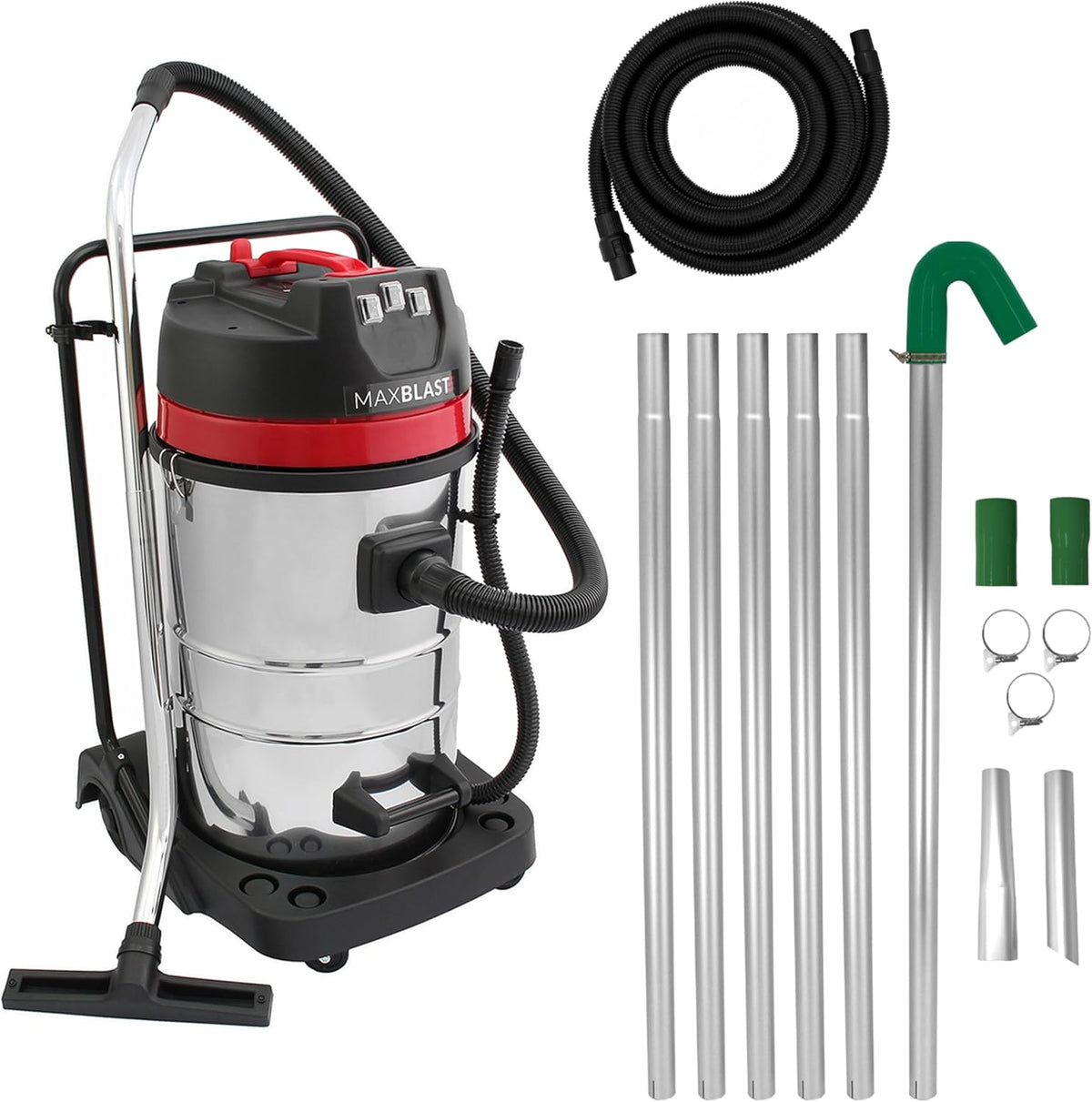 MAXBLAST Nass- und Trockensauger, 80 L, 3000 W, verstellbar, aus Edelstahl und Stahl, Schwarz/Rot/Silber/Grün