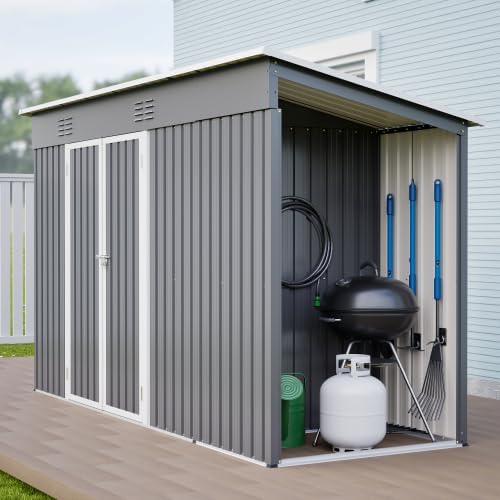 Gerätehaus, 311 × 123 × 181 cm, für den Garten, aus Metall, Grau/Weiß, vutizal