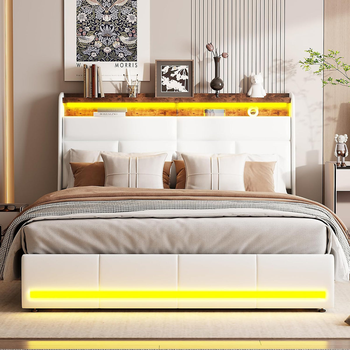Bett, 140 × 200 cm, mit LED, mit Stauraum, Weiß/Braun, BLSYHDH