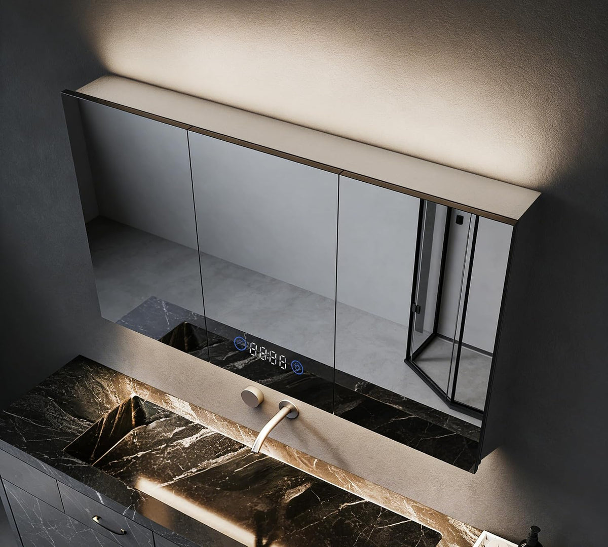 Regal, 100 × 60 × 13 cm, 3 mm, verstellbar, höhenverstellbar, mit LED, mit Stauraum, aus Edelstahl und Stahl, Silber, SVNR