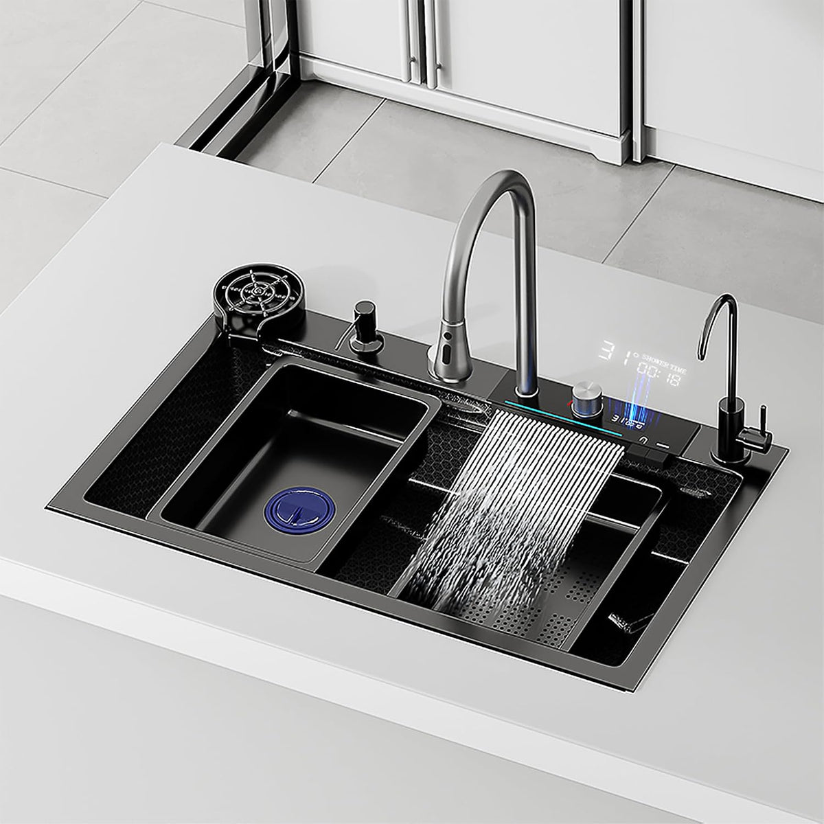 NuoJing 1Becken, 45 cm, mit LED, für die Küche, aus Edelstahl und Stahl, Schwarz
