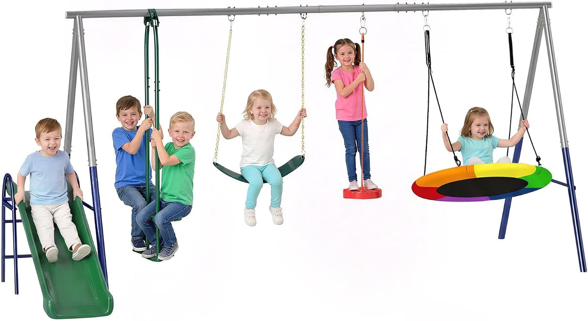 AIYAPLAY in-1-Kinderspielplatz Freistehende Rutschen, 350 kg, höhenverstellbar, aus Stahl, Grün/Rot/Orange/Blau/Schwarz