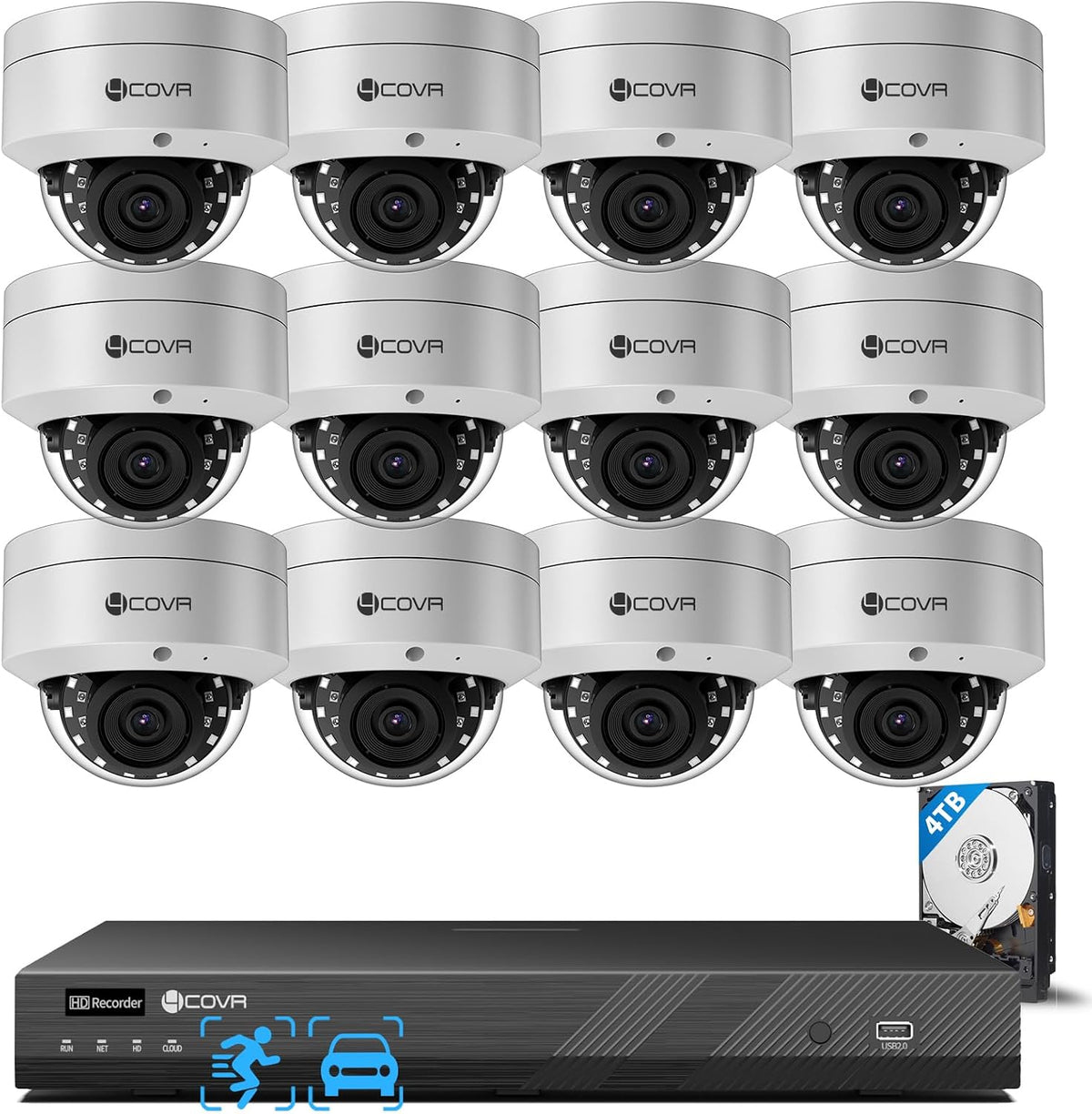 4COVR IK10 Überwachungs-NVR-Sets, 4 TB, mit KI-Erkennung, Silber/Schwarz