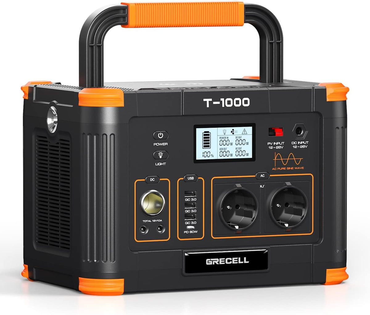 GRECELL T-1000 Stromerzeuger, 1000 W, 999 Wh, mit USB, für Camping, Schwarz/Orange
