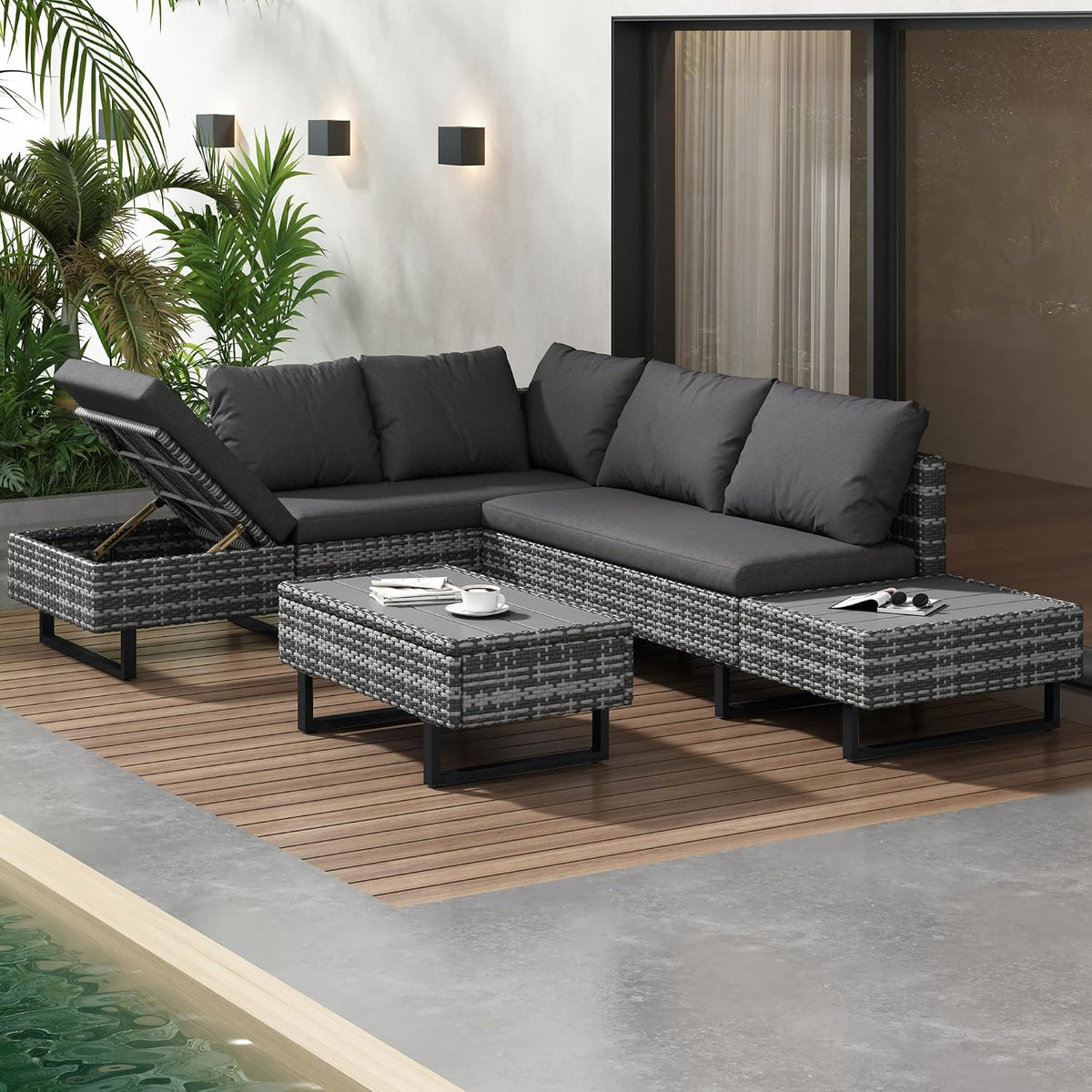 Gartenmöbel-Set, aus Stahl und Polyrattan, für den Garten und die Terrasse, Grau/Schwarz, TOBIDOEN