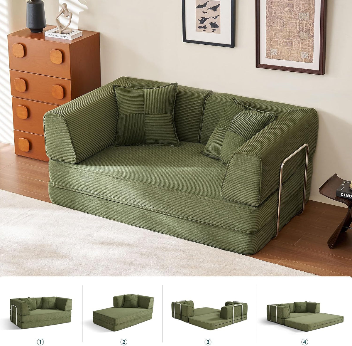 Sofa Schlafsofa, 160 cm, klappbar, aus Stoff, für das Wohnzimmer und das Schlafzimmer, Grün, LINSY HOME