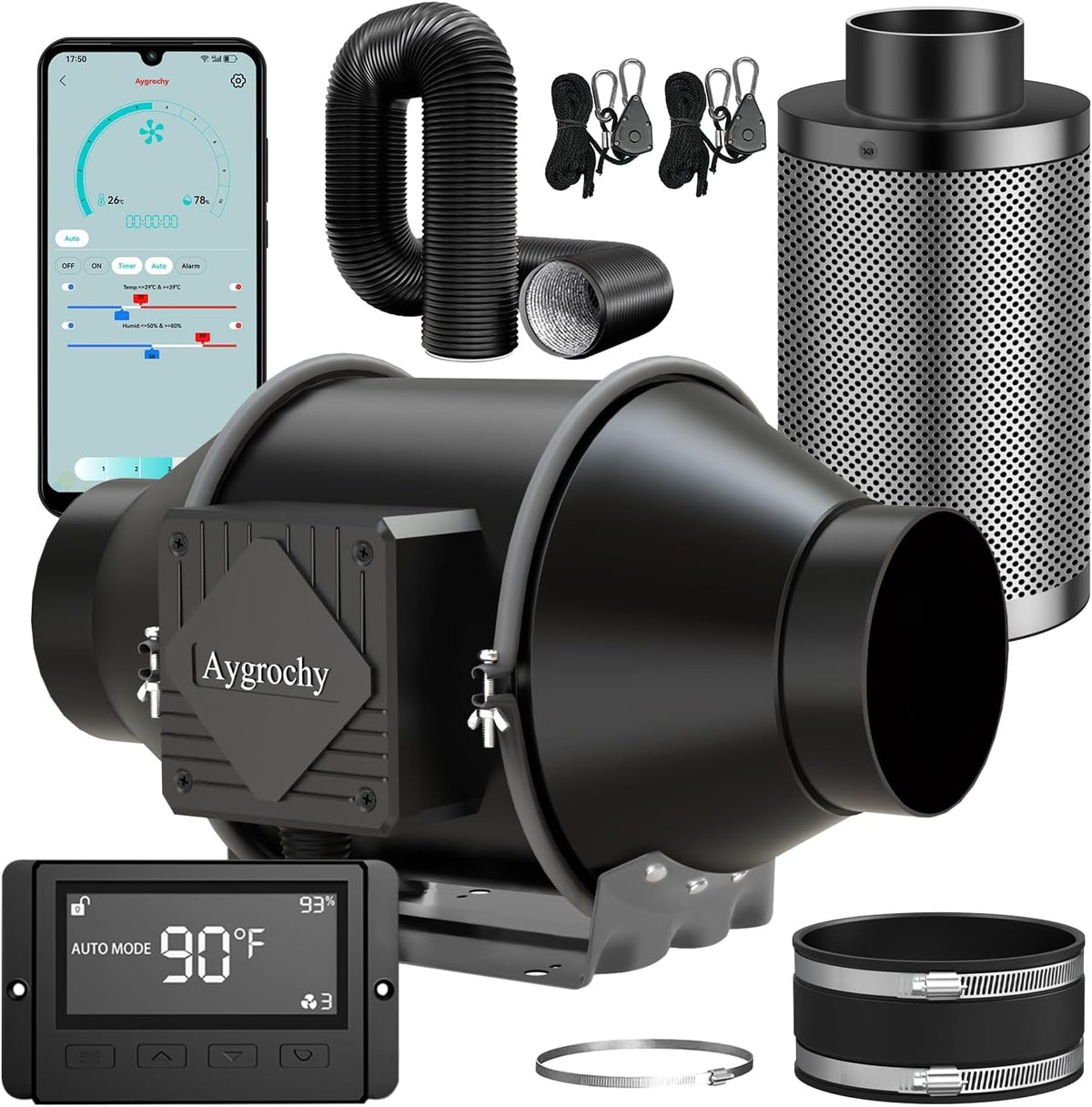 Aygrochy Grow Abluft set 100mm Belüftungsgeräte, mit WLAN, mit App-Steuerung, Schwarz