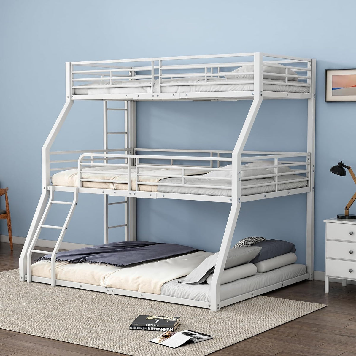 Bett Etagenbett, 90 × 200 cm, aus Metall, Weiß, Lcoho