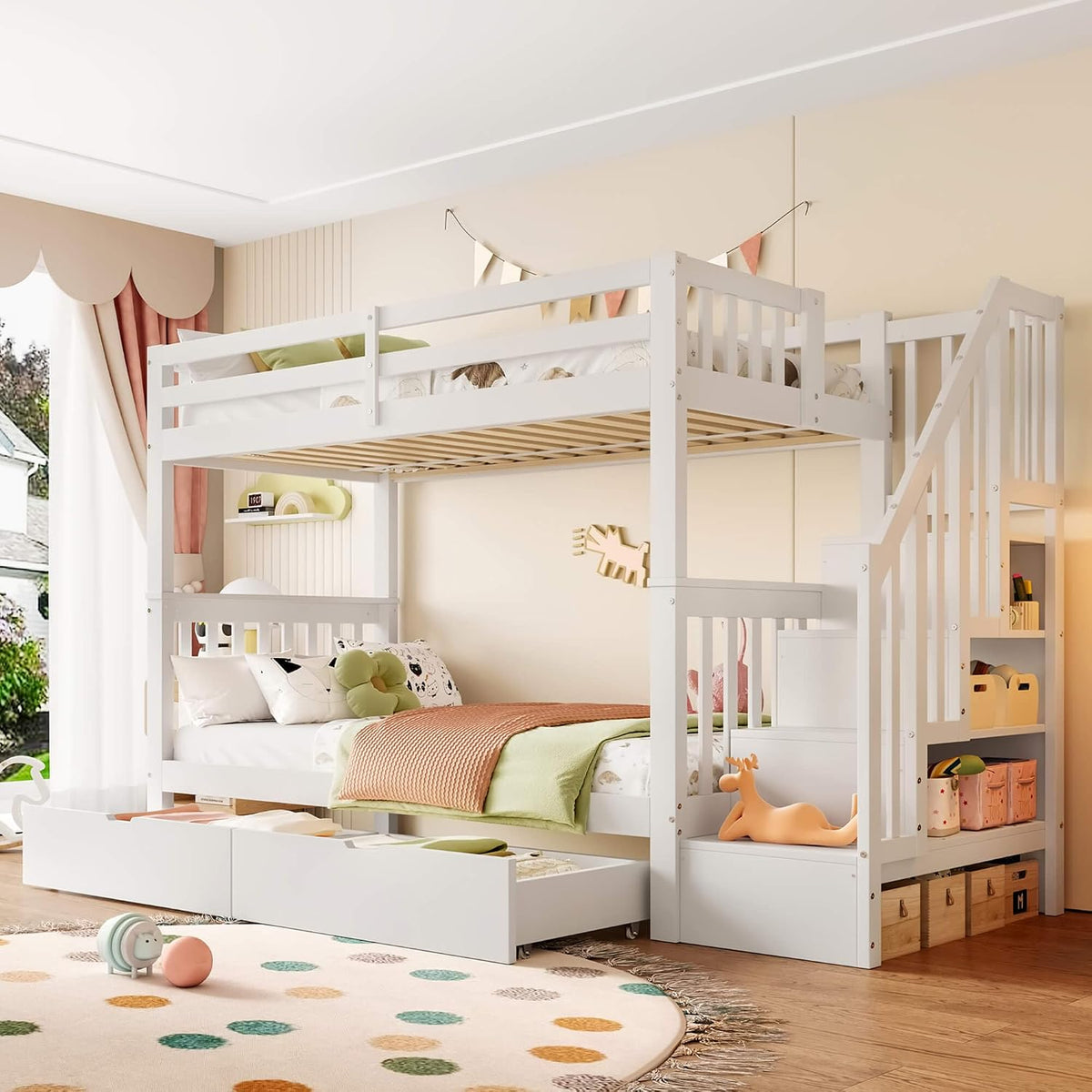 Bett, 90 × 200 cm, mit Stauraum, aus Kiefernholz, Weiß, YCYDHDM