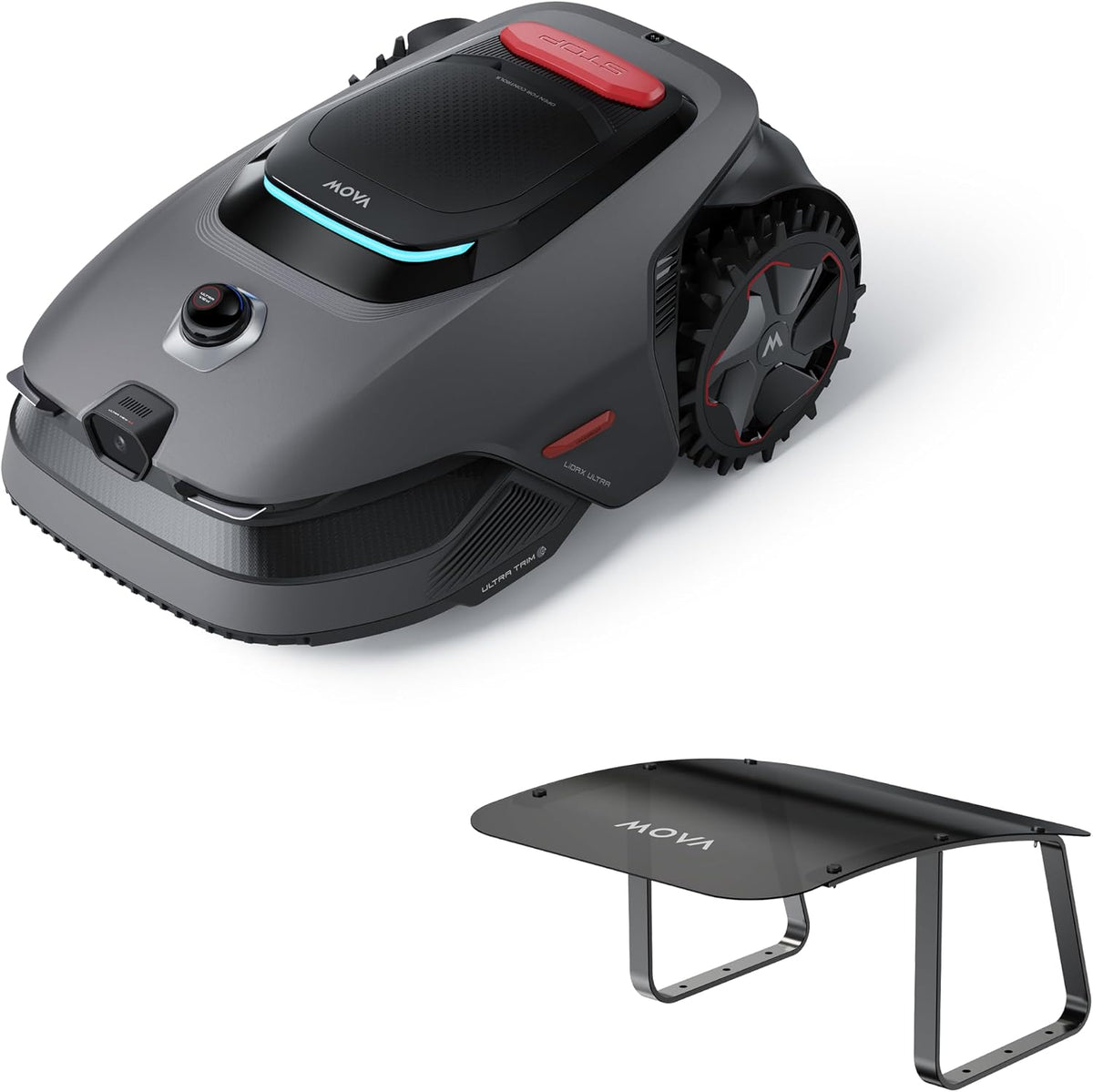 Mova LiDAX Ultra 1600 Mähroboter, 4G, 5 cm, ohne Begrenzungskabel, mit Garage, mit 3D-LiDAR, mit KI-Erkennung, Grau/Schwarz/Rot