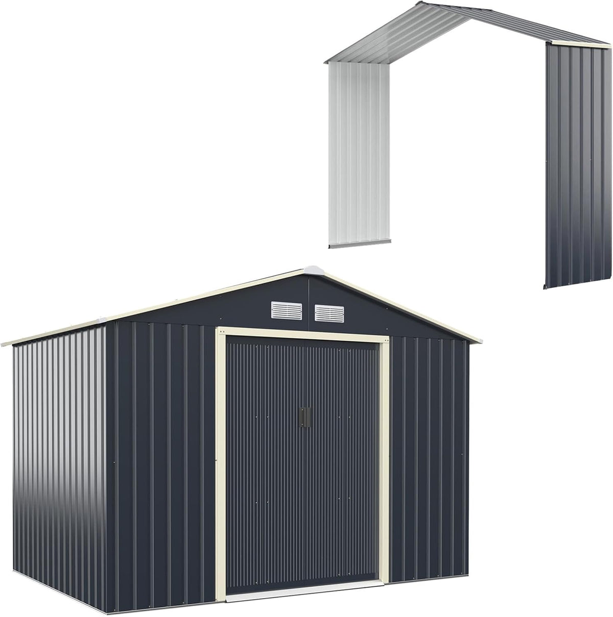 Gerätehaus, 277 × 191 × 202 cm, mit Stauraum, aus Metall, für den Garten, Grau, HOMASIS