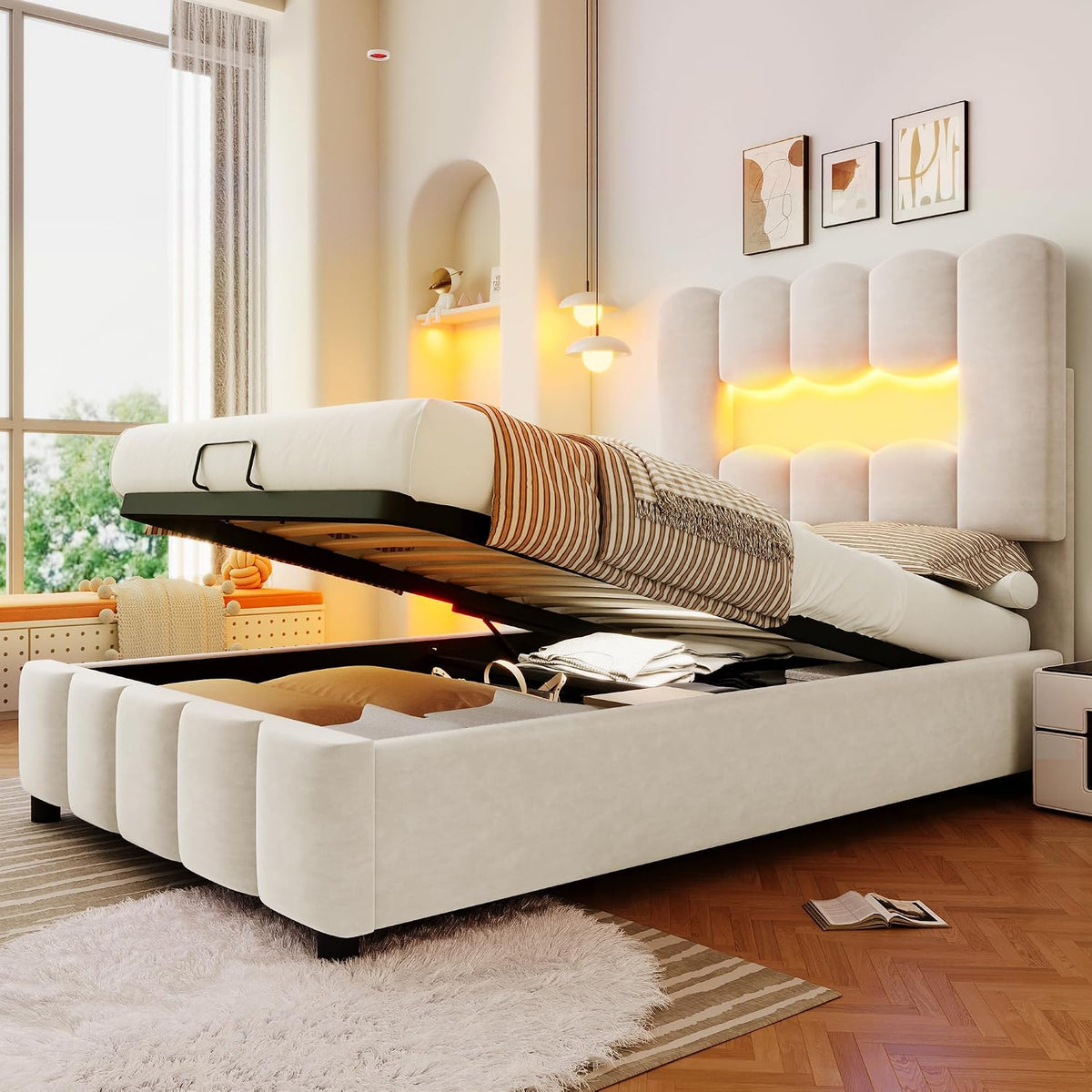 Bett, 90 × 200 cm, verstellbar, mit LED, mit Stauraum, Beige, Jovify