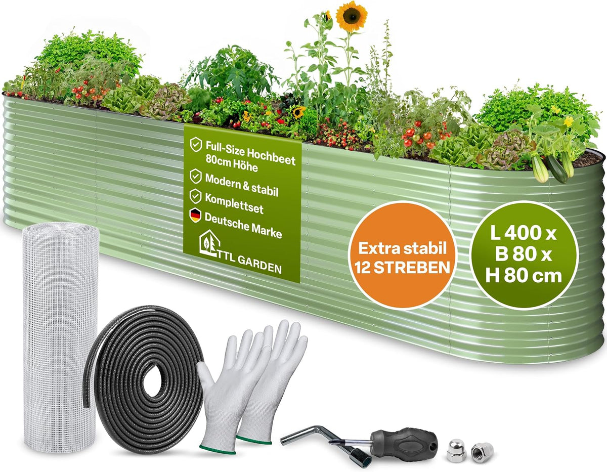 TTL GARDEN Hochbeete-Kit, 400 × 80 × 80 cm, aus Stahl und Metall, für den Garten, Salbei-Grün