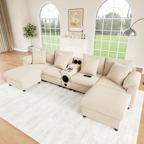 Sofa, 315 × 144 × 84,5 cm, mit USB, mit Stauraum, kabellos, für das Wohnzimmer, Beige, STAPERFO