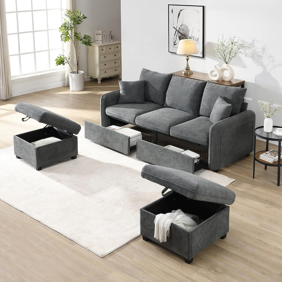 Sofa, mit Fernbedienung, mit Stauraum, Dunkelgrau, Oxtao