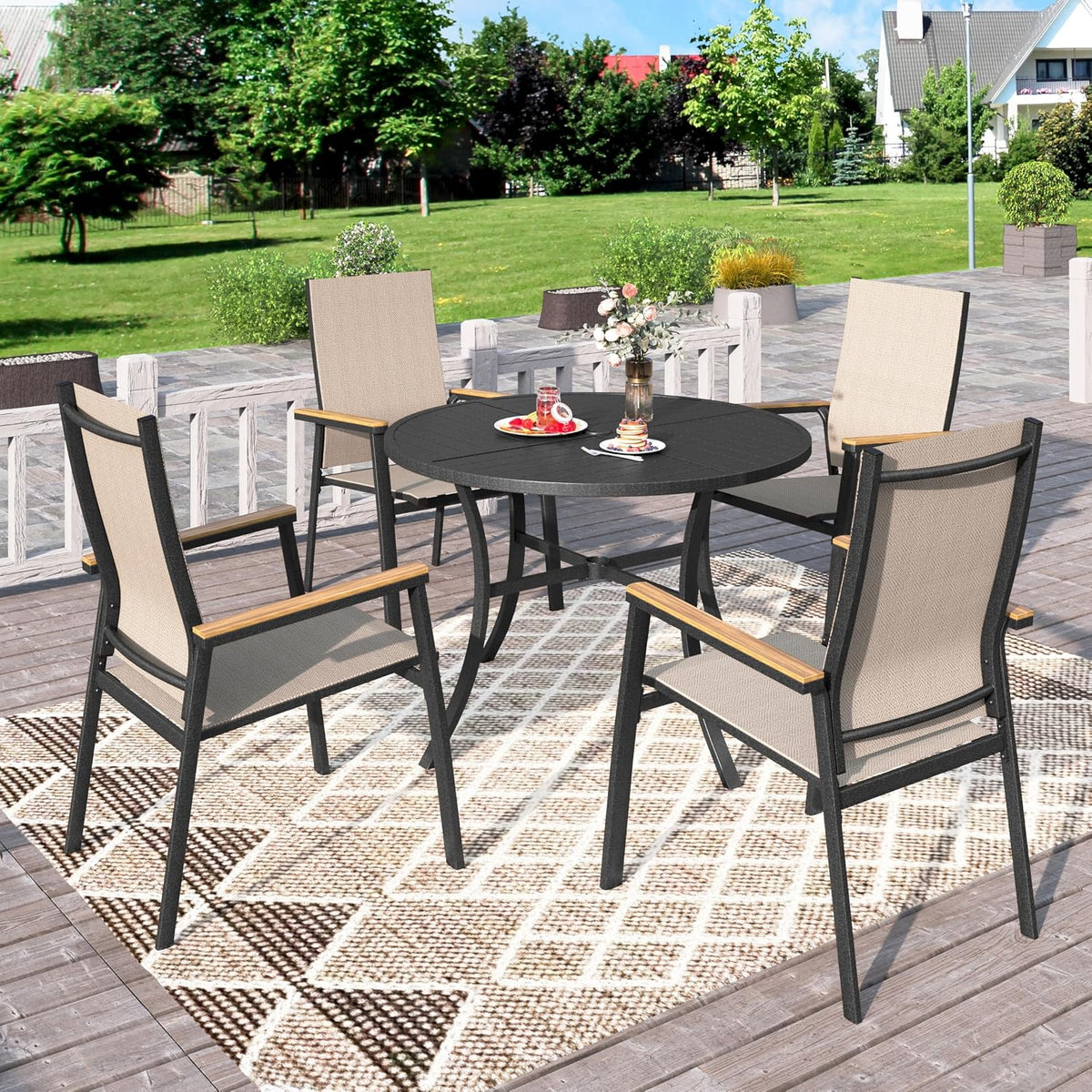 Gartenmöbel-Set, aus Metall, wasserabweisend, für den Garten und die Terrasse, Schwarz/Beige, PHI VILLA