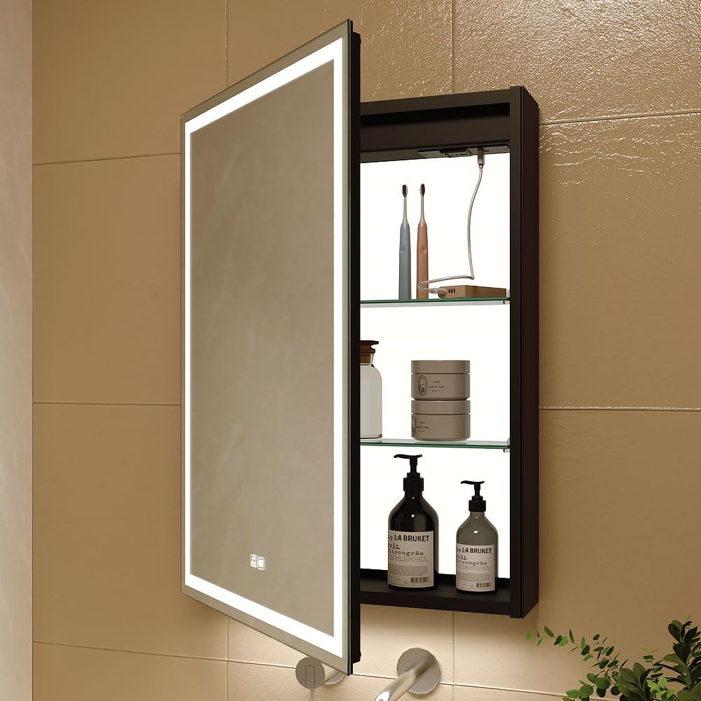 KWW Spiegelschränke, verstellbar, mit LED, mit USB, Schwarz