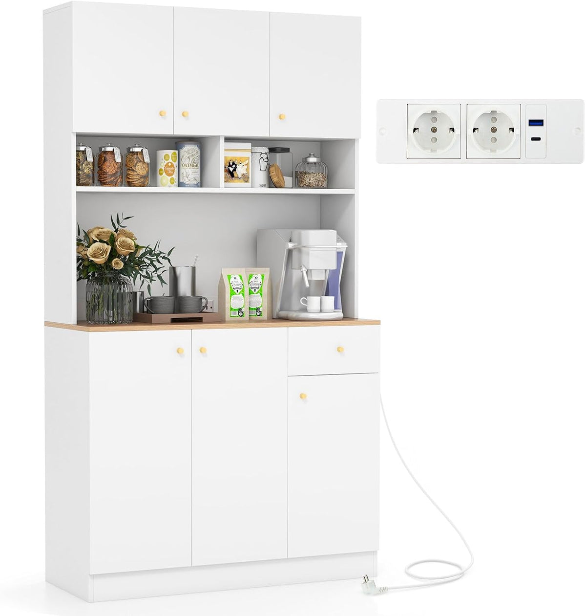 Regal Küchenschrank Holz, 100 × 40 × 181 cm, verstellbar, mit USB, für das Wohnzimmer und die Küche, Weiß/Holz, COSTWAY